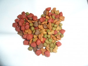 Dry dog food in the shape of a heart